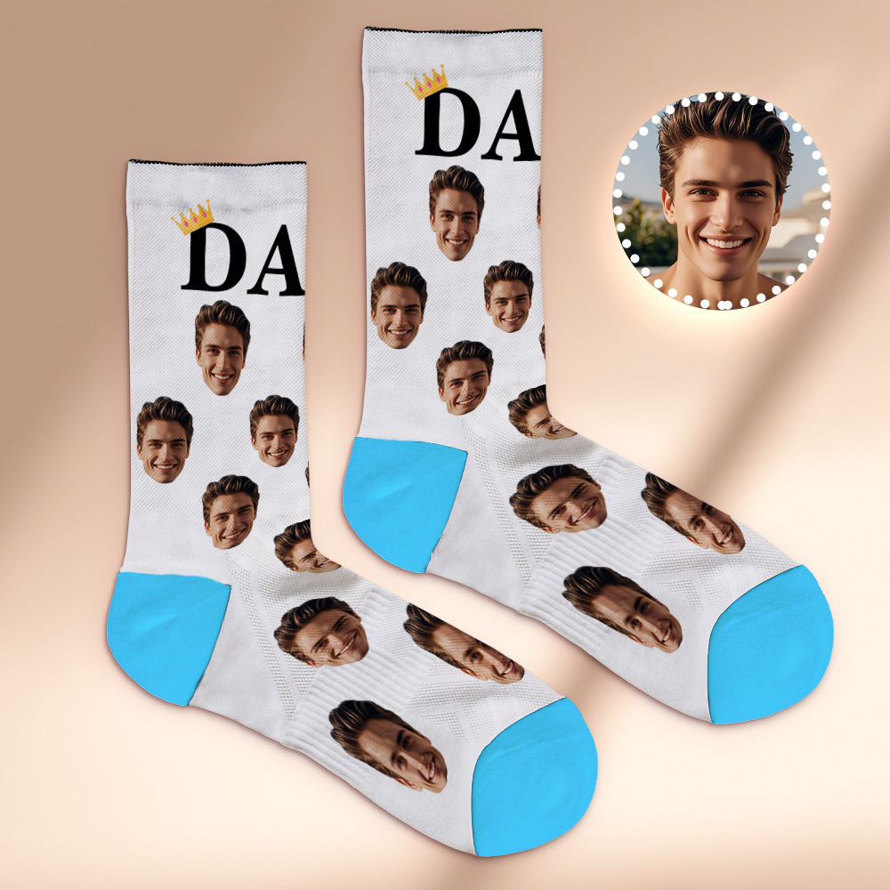Custom Full Face Photo Print Socks, Colorful Crown Dad Socks Personalized Custom Design Best Gift For Dad - MyPhotoSocksAu