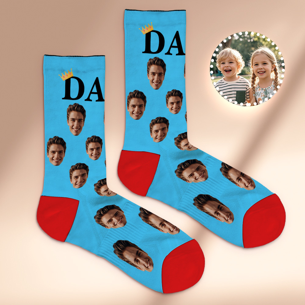 Custom Full Face Photo Print Socks, Colorful Crown Dad Socks Personalized Custom Design Best Gift For Dad - MyPhotoSocksAu