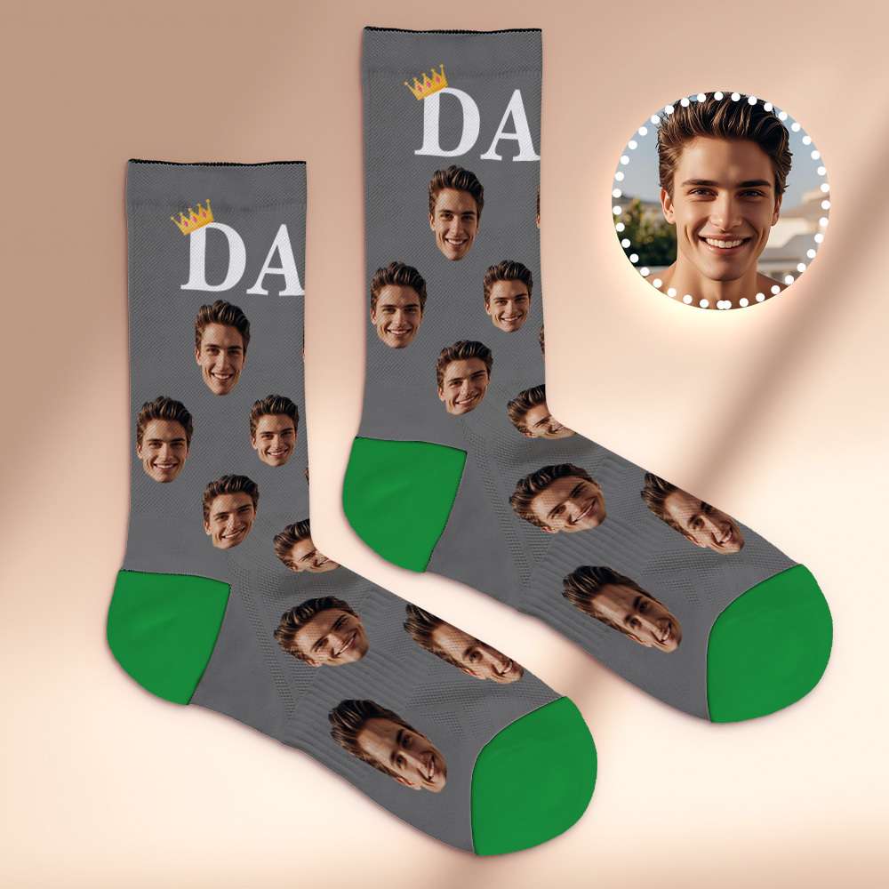 Custom Full Face Photo Print Socks, Colorful Crown Dad Socks Personalized Custom Design Best Gift For Dad - MyPhotoSocksAu