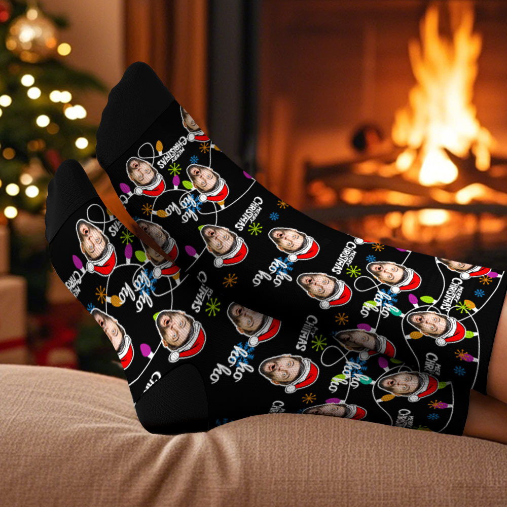 Custom Lantern Merry Christmas Face Multicolor Socks Personalized Christmas Photo Socks Fun Gift for Family & Couples - MyPhotoSocksAu