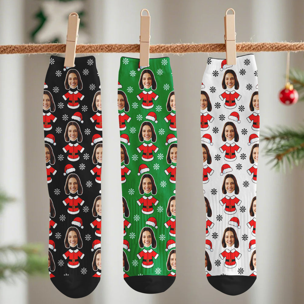 Custom Elf Face Socks Personalized Christmas Photo Socks Funny Holiday Gift for Family & Friends - MyPhotoSocksAu