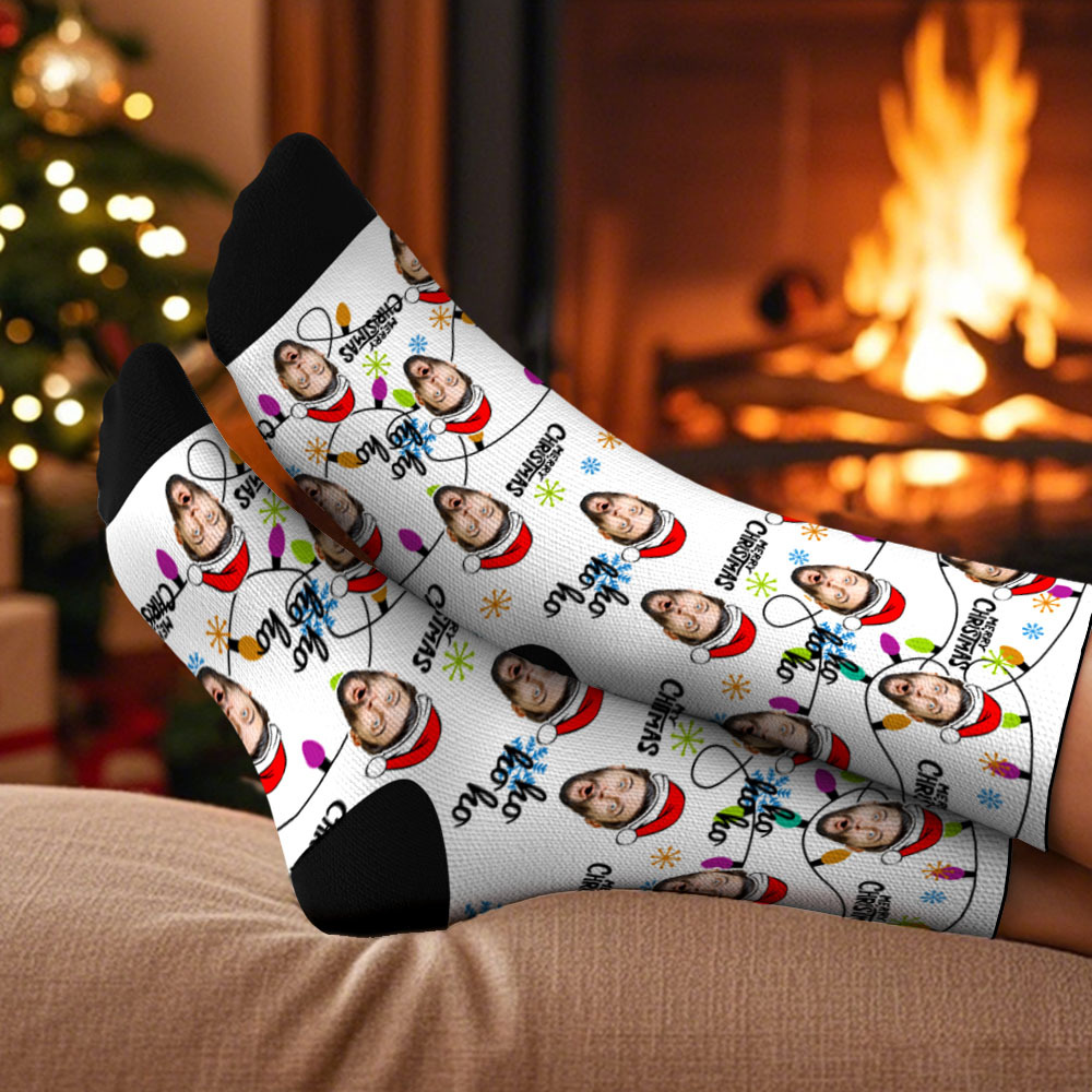 Custom Lantern Merry Christmas Face Multicolor Socks Personalized Christmas Photo Socks Fun Gift for Family & Couples - MyPhotoSocksAu