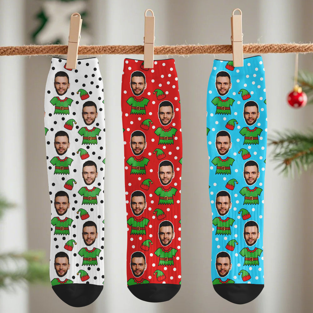 Custom Elf Face Socks Personalized Christmas Photo Socks Funny Holiday Gift for Family & Friends - MyPhotoSocksAu