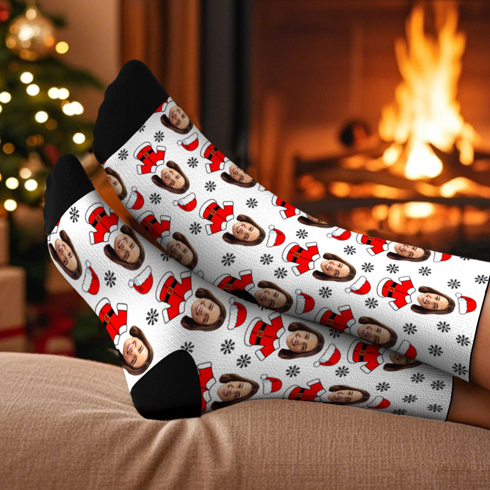 Custom Elf Face Socks Personalized Christmas Photo Socks Funny Holiday Gift for Family & Friends - MyPhotoSocksAu
