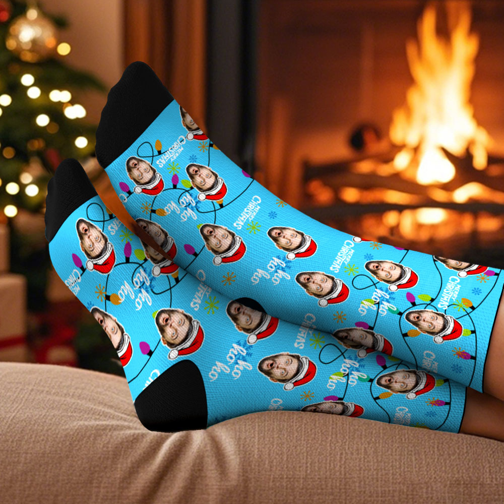 Custom Lantern Merry Christmas Face Multicolor Socks Personalized Christmas Photo Socks Fun Gift for Family & Couples - MyPhotoSocksAu