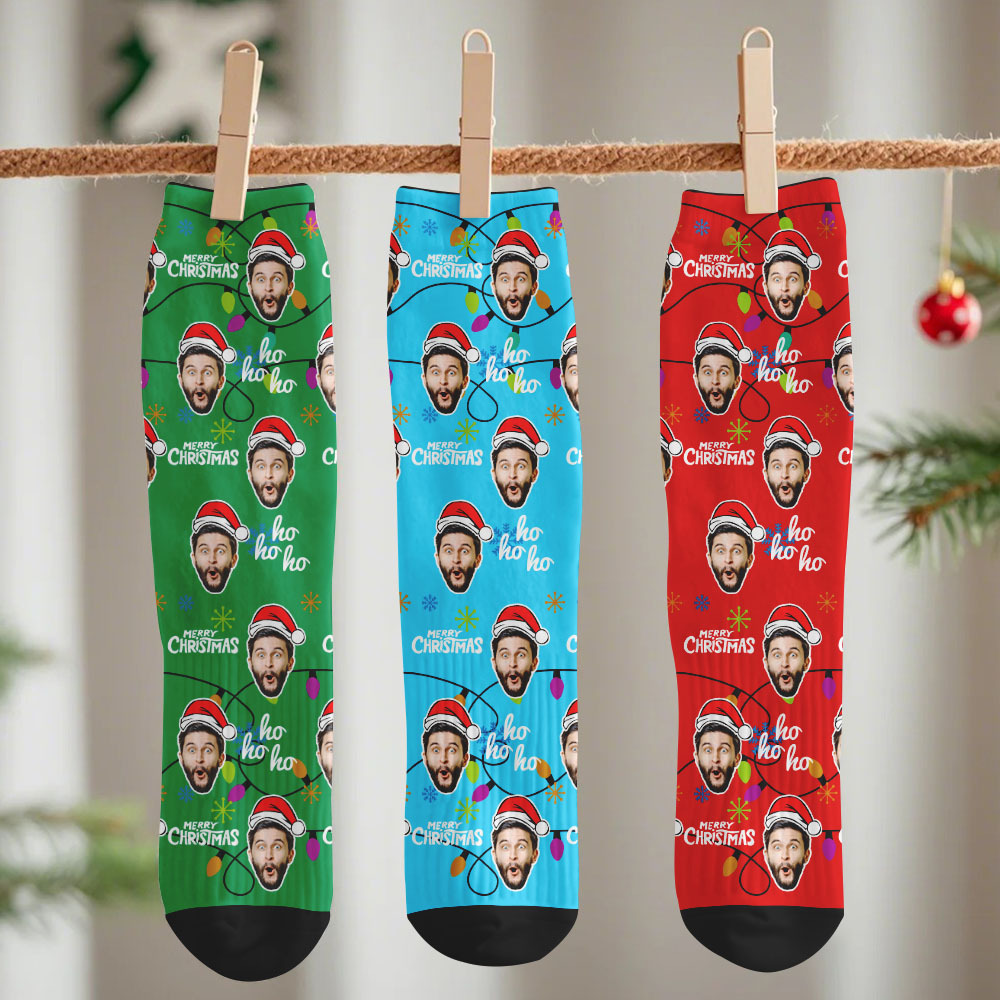 Custom Lantern Merry Christmas Face Multicolor Socks Personalized Christmas Photo Socks Fun Gift for Family & Couples - MyPhotoSocksAu