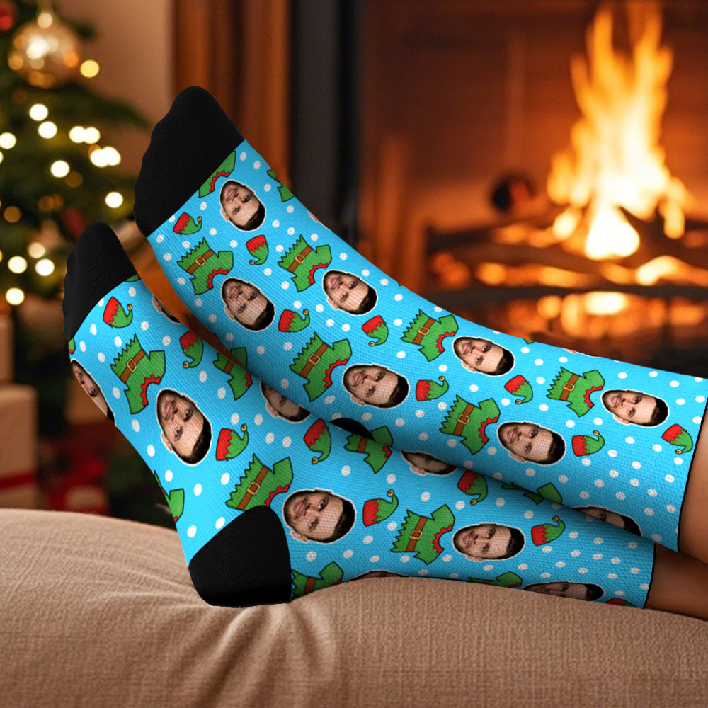 Custom Elf Face Socks Personalized Christmas Photo Socks Funny Holiday Gift for Family & Friends - MyPhotoSocksAu