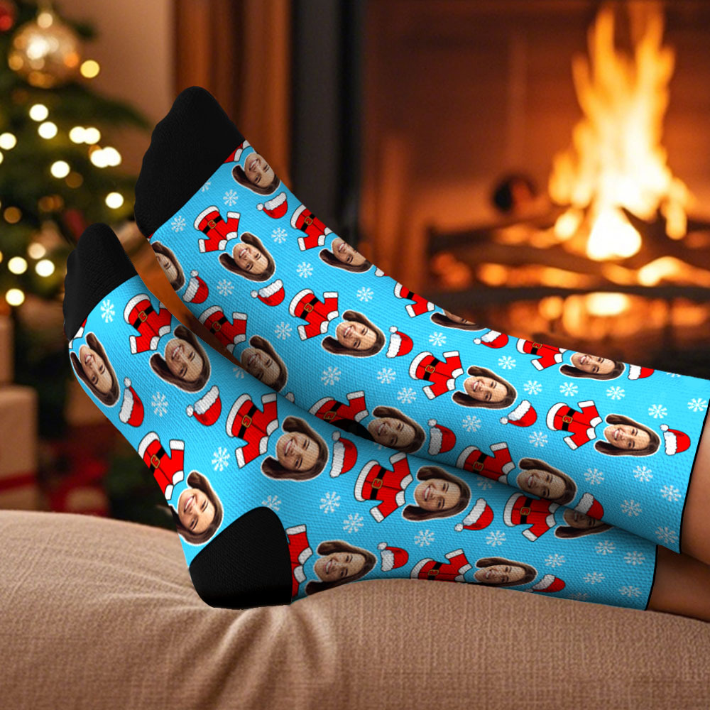 Custom Elf Face Socks Personalized Christmas Photo Socks Funny Holiday Gift for Family & Friends - MyPhotoSocksAu