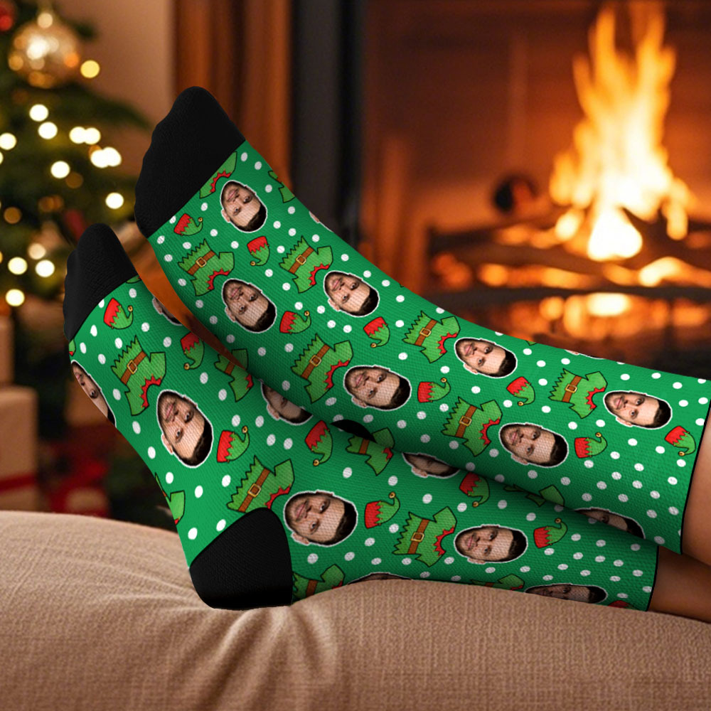 Custom Elf Face Socks Personalized Christmas Photo Socks Funny Holiday Gift for Family & Friends - MyPhotoSocksAu