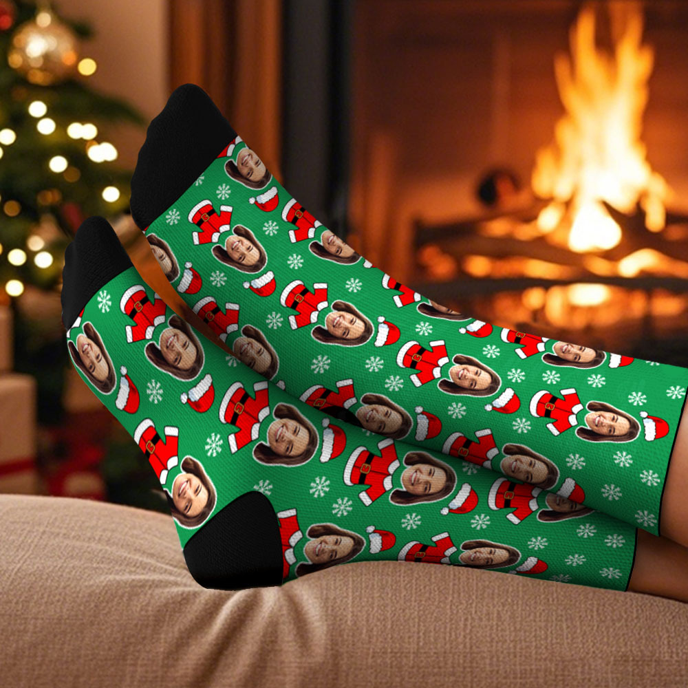 Custom Elf Face Socks Personalized Christmas Photo Socks Funny Holiday Gift for Family & Friends - MyPhotoSocksAu