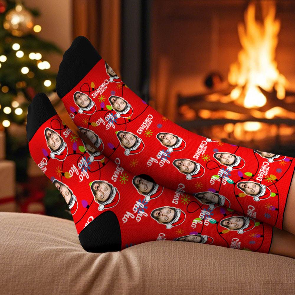 Custom Lantern Merry Christmas Face Multicolor Socks Personalized Christmas Photo Socks Fun Gift for Family & Couples - MyPhotoSocksAu