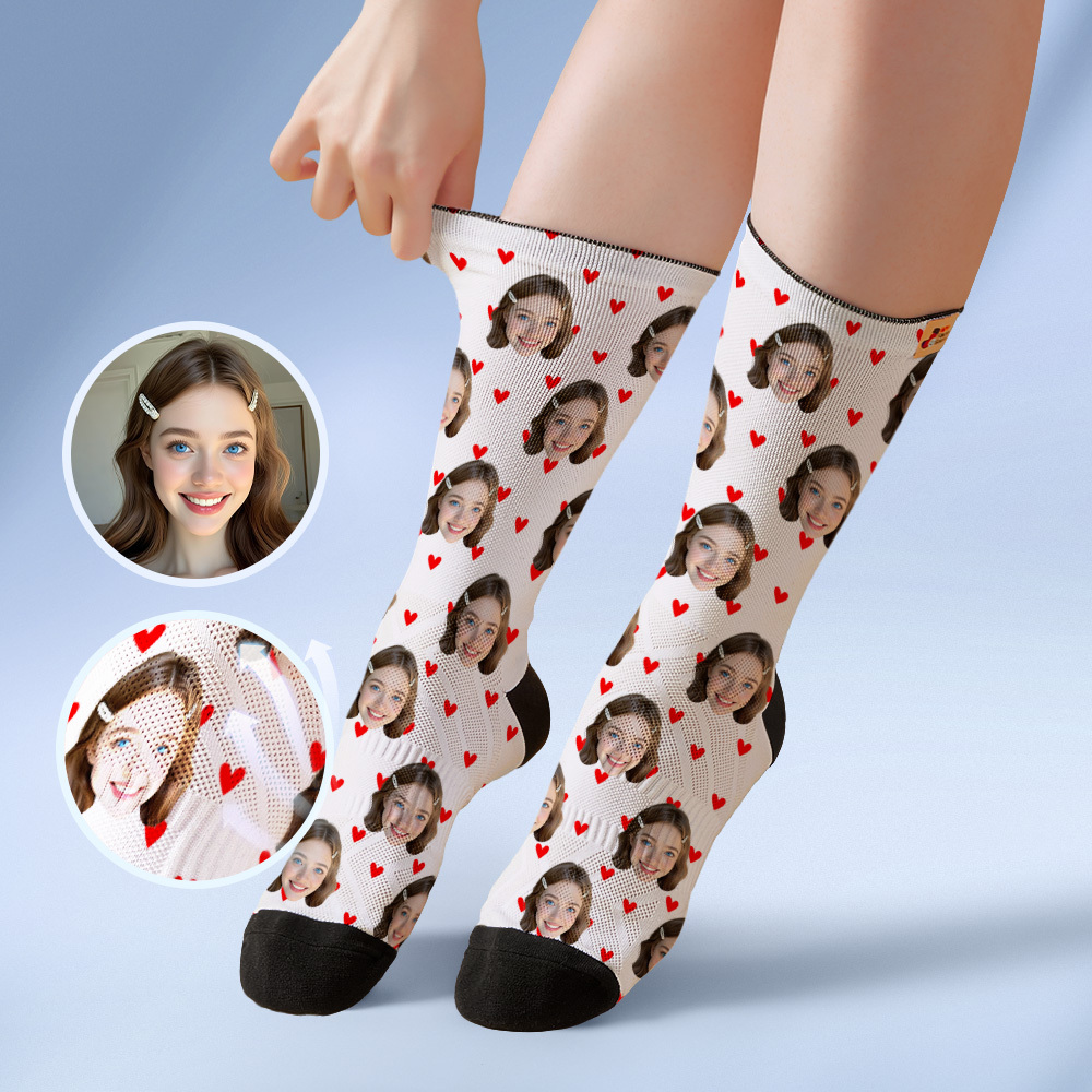 Custom Heart Face Socks Personalized White Socks with Faces Photo Funny Gift Photo Couple Family Socks - MyPhotoSocksAu