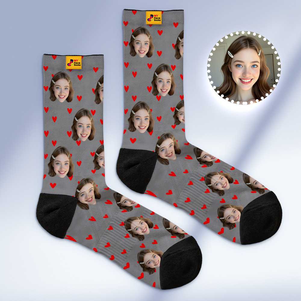 Custom Heart Face Socks Personalized White Socks with Faces Photo Funny Gift Photo Couple Family Socks - MyPhotoSocksAu