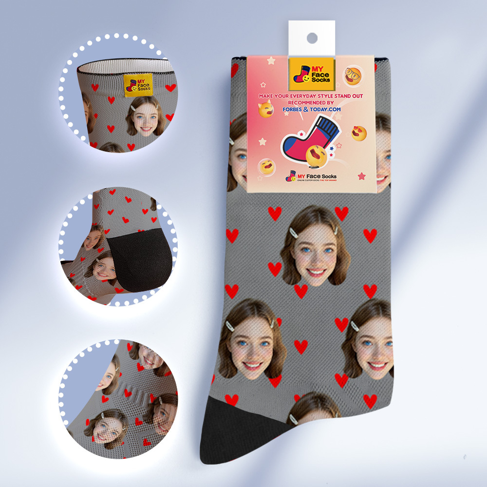 Custom Heart Face Socks Personalized White Socks with Faces Photo Funny Gift Photo Couple Family Socks - MyPhotoSocksAu