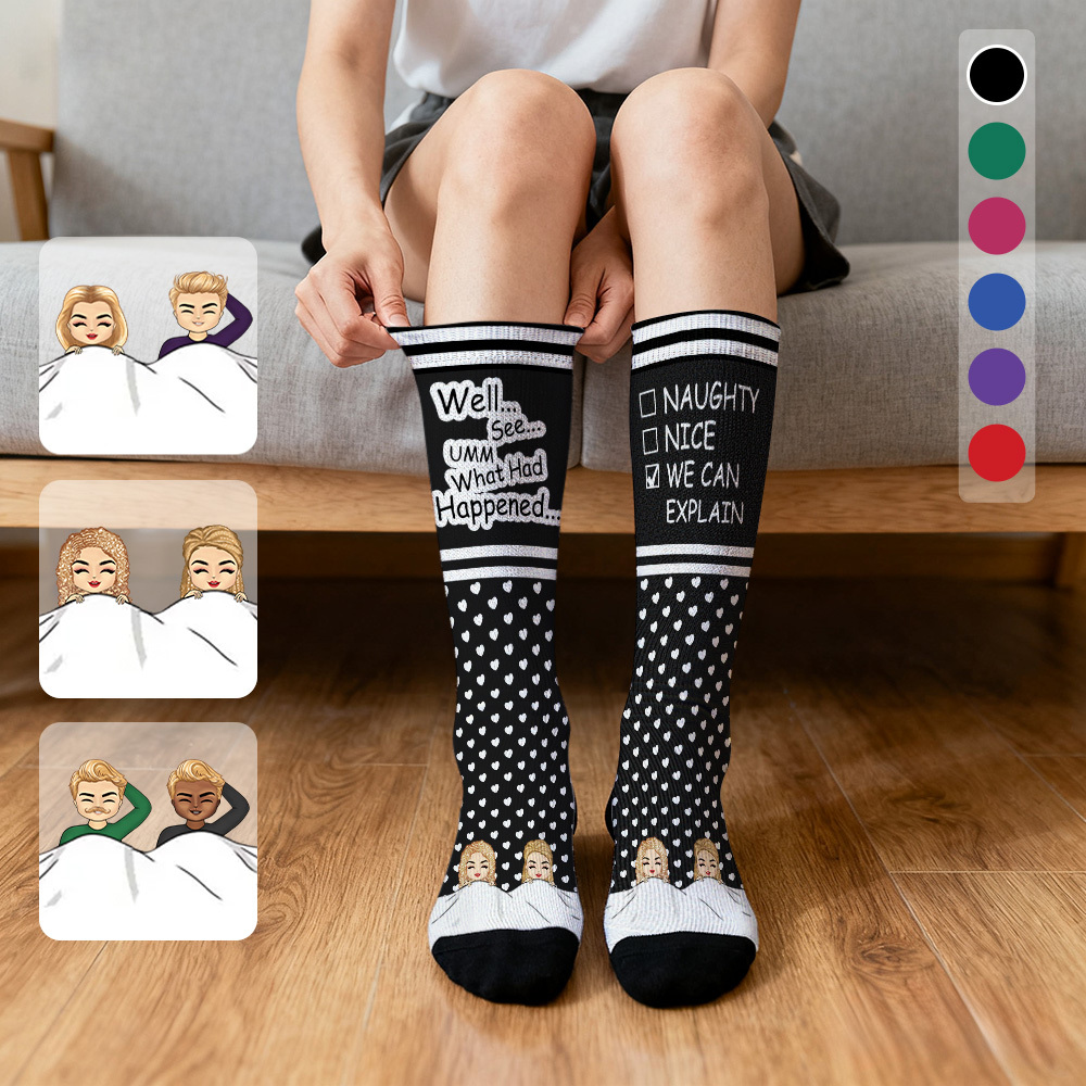 Custom Face Compression Socks Personalized Knee High Socks Blue Cartoon Socks We Can Explain Gift For Couple Lover Valentine's Day Gift - MyPhotoSocksAu