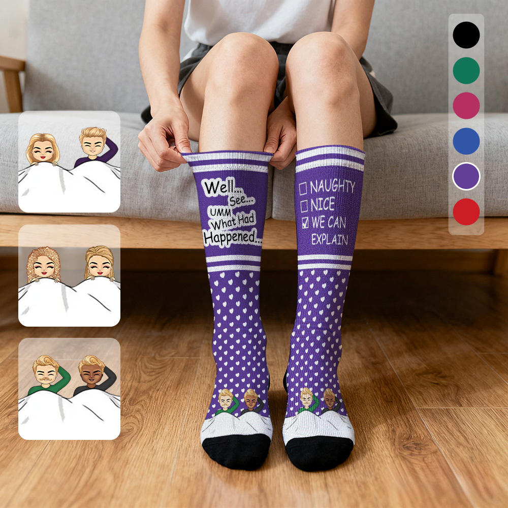 Custom Face Compression Socks Personalized Knee High Socks Blue Cartoon Socks We Can Explain Gift For Couple Lover Valentine's Day Gift - MyPhotoSocksAu