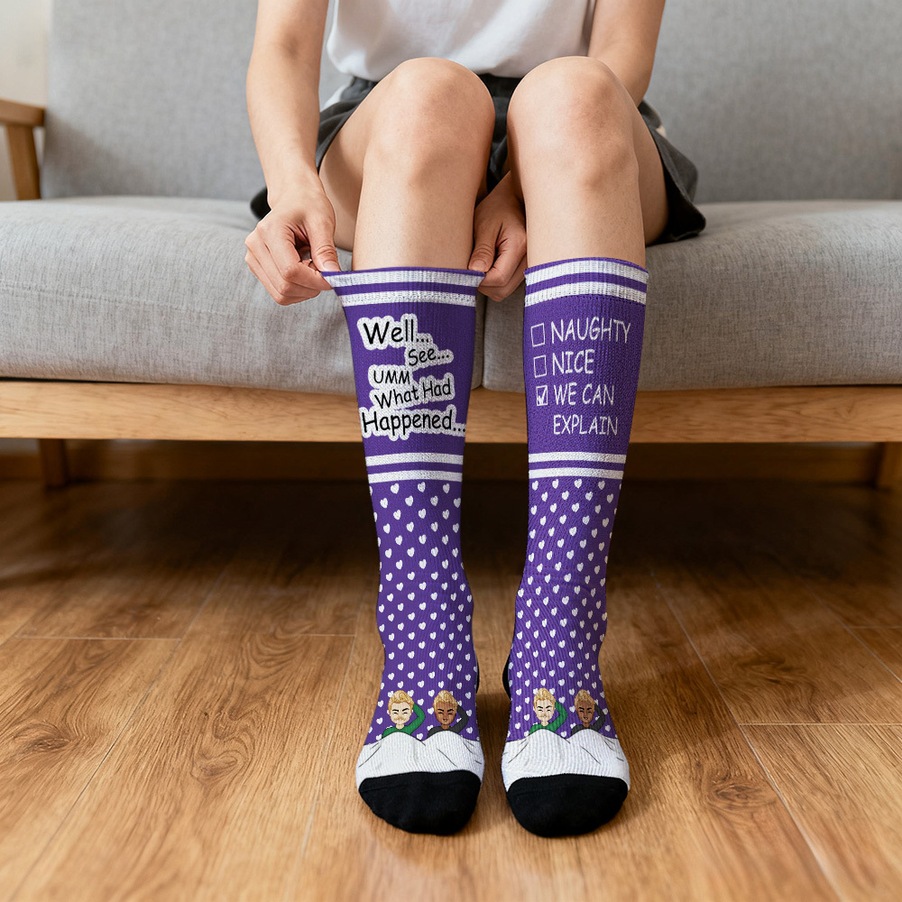 Custom Face Compression Socks Personalized Knee High Socks Purple Cartoon Socks We Can Explain Gift For Couple Lover Valentine's Day Gift - MyPhotoSocksAu
