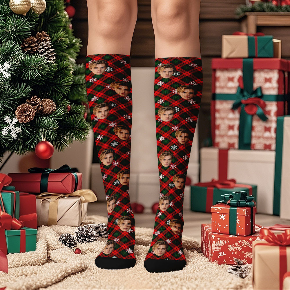 Personalized Face Knee High Socks Custom Vintage Socks Merry Christmas for Lover Christmas Gifts - MyPhotoSocksAu