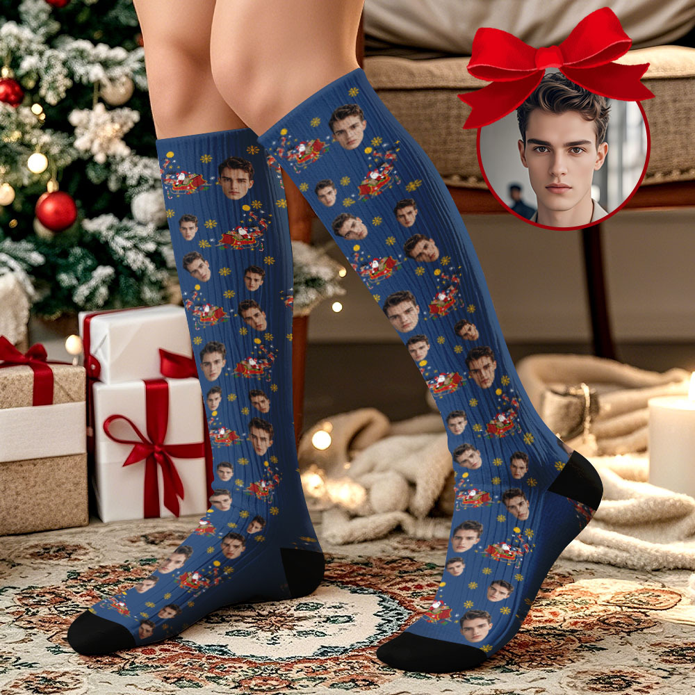 Custom Face Knee High Socks Vintage Socks Merry Christmas for Lover Christmas Gifts - MyPhotoSocksAu