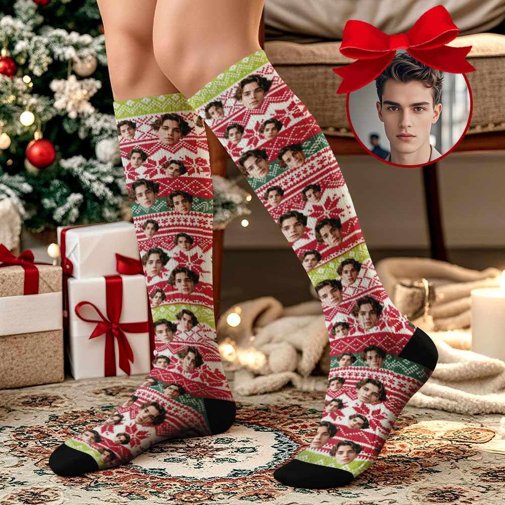 Custom Face Knee High Socks Christmas Gifts Personalized Vintage Warm Socks Merry Christmas for Lover - MyPhotoSocksAu