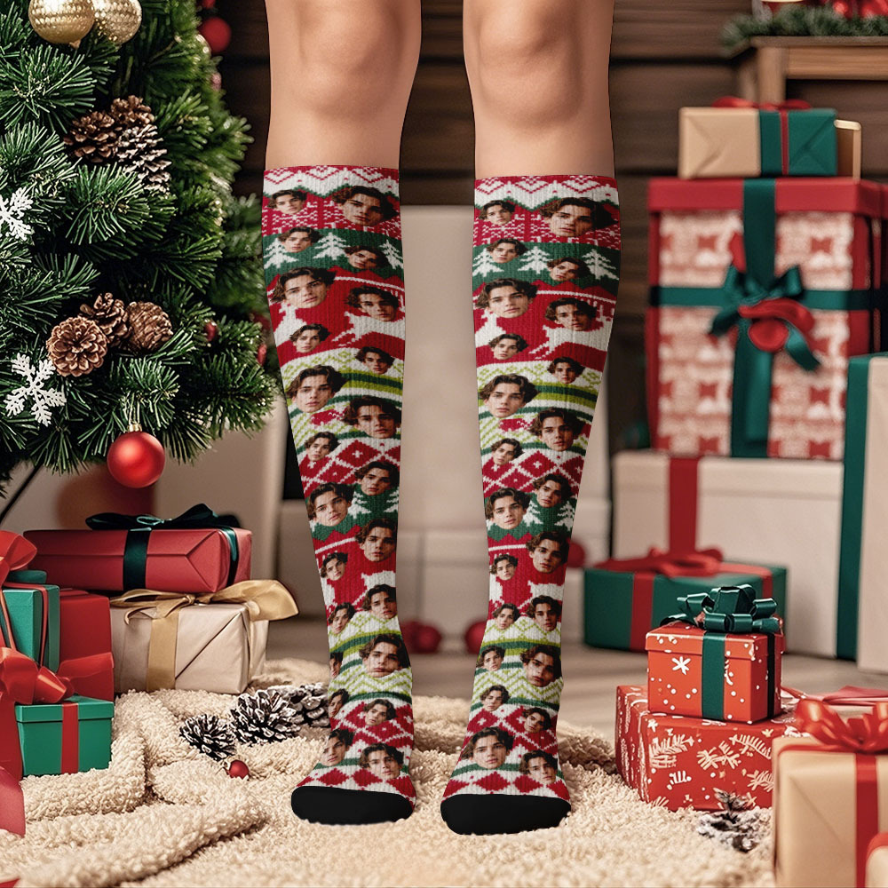 Custom Christmas Gifts Face Knee High Socks Personalized Vintage Warm Socks Merry Christmas for Lover - MyPhotoSocksAu