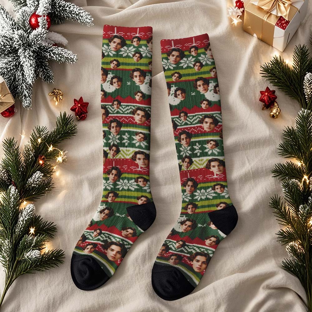 Personalized Face Knee High Socks Custom Vintage Socks Merry Christmas for Lover Christmas Gifts - MyPhotoSocksAu