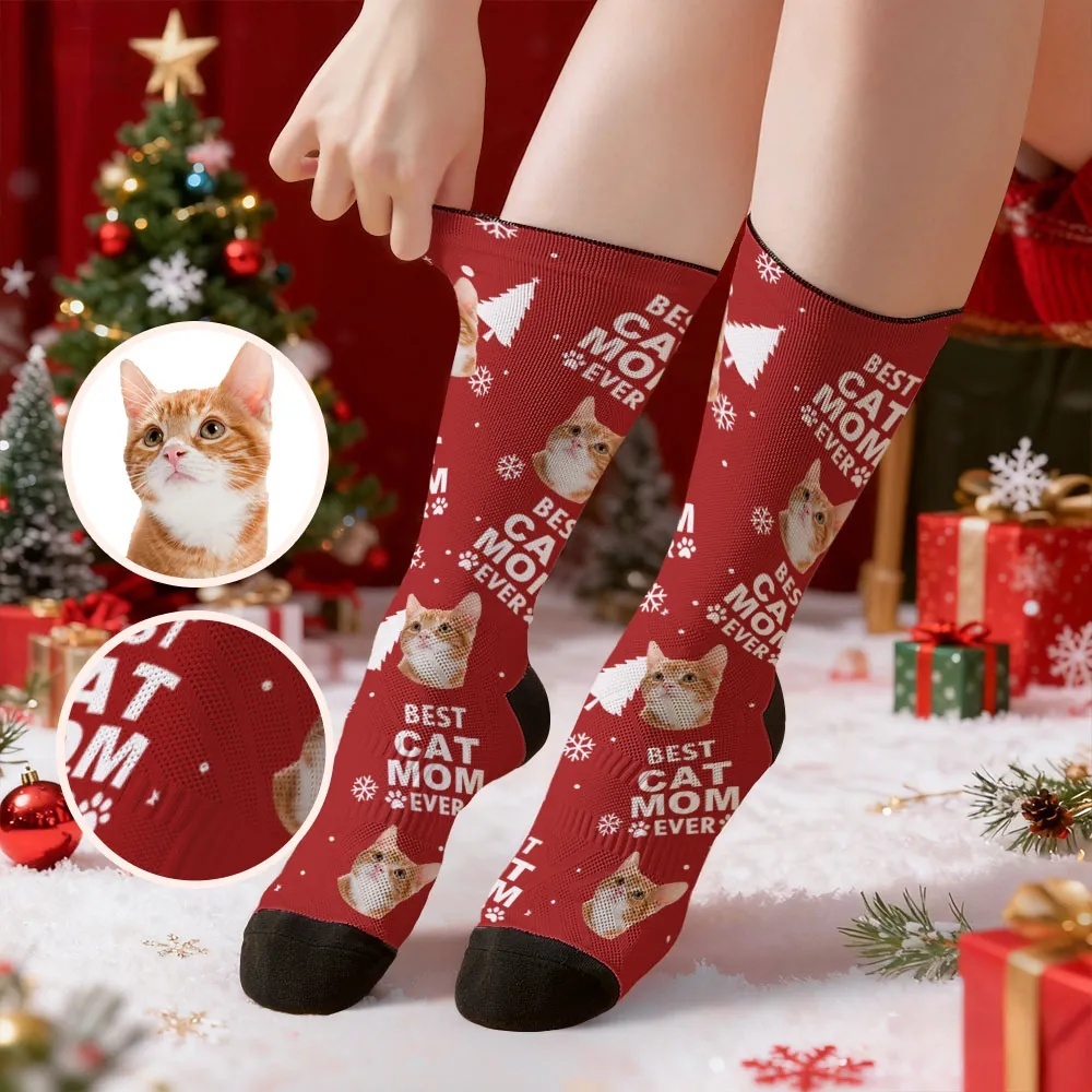Personalized Pet Cat Theme Socks Christmas Socks Custom Best Cat Mom Socks Pet Lover Santa Socks Gift - MyPhotoSocksAu