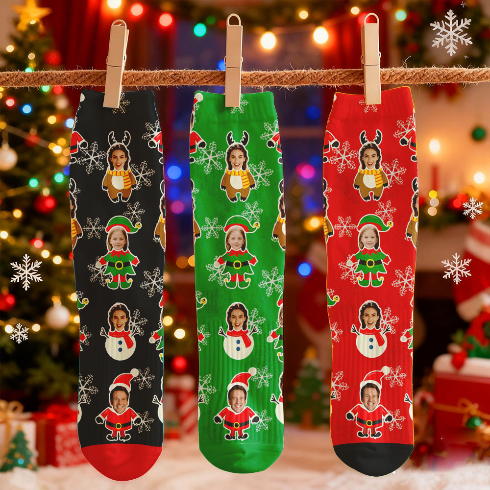 Custom Face Printed Socks Christmas Gift Snowman Pattern Personalized Custom Designs Best Santa Gift Idea - MyPhotoSocksAu