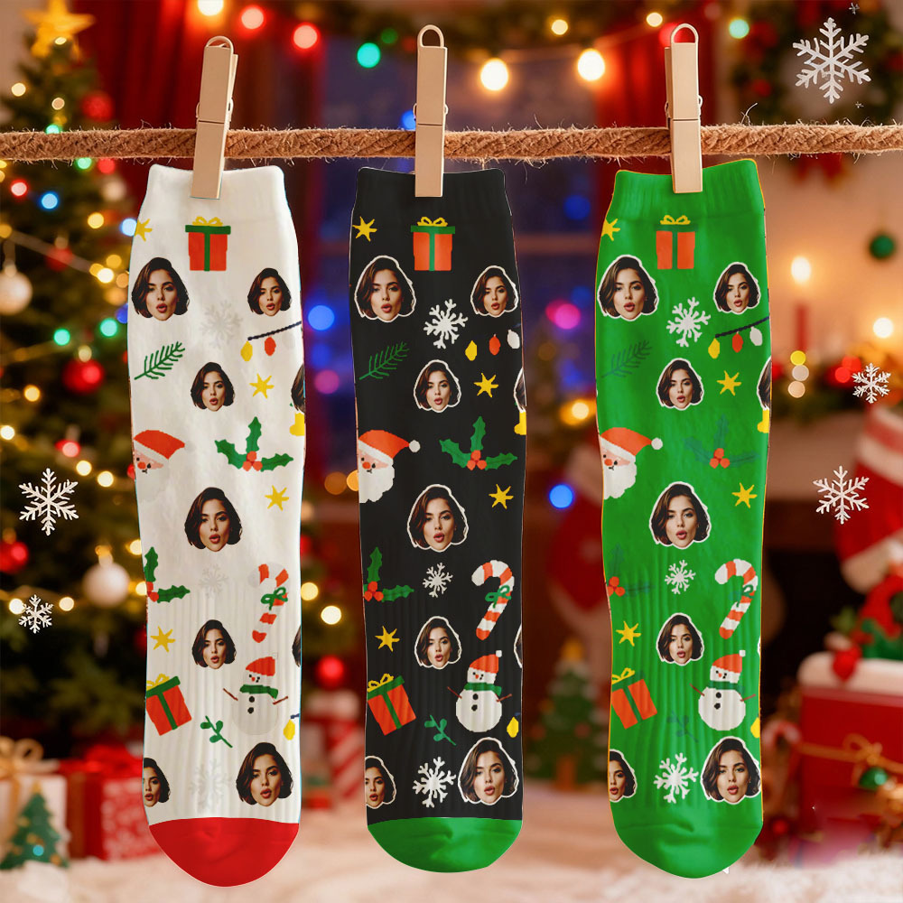 Custom Face Printed Socks Christmas Gift Snowman Pattern Personalized Custom Designs Best Santa Gift Idea - MyPhotoSocksAu