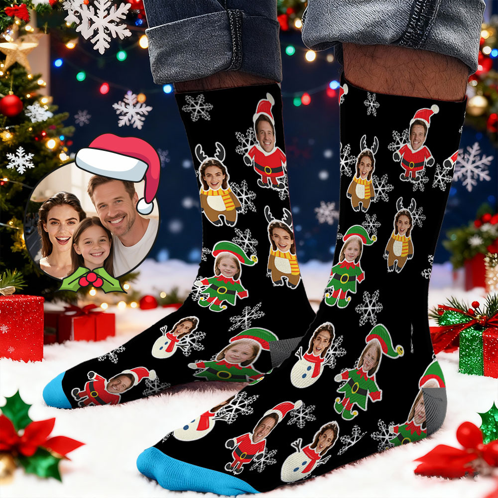 Custom Face Printed Socks Christmas Gift Snowman Pattern Personalized Custom Designs Best Santa Gift Idea - MyPhotoSocksAu
