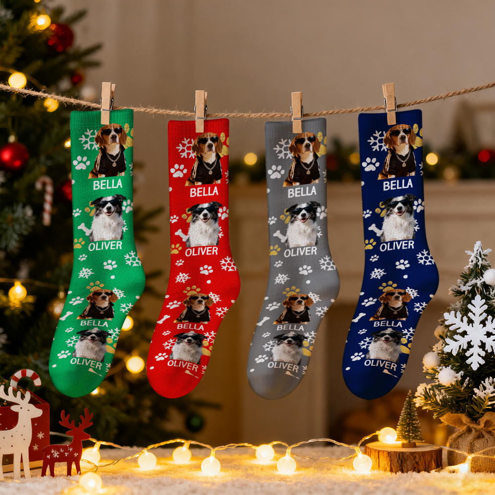 Custom Cute Pet Photo Christmas Socks for Men and Women Pet Name Socks Santa Style with Multi-Color Choices - MyPhotoSocksAu