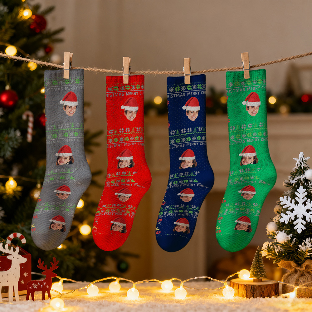 Custom Photo Christmas Socks for Men and Women Santa Style with Multi-Color Choices - MyPhotoSocksAu