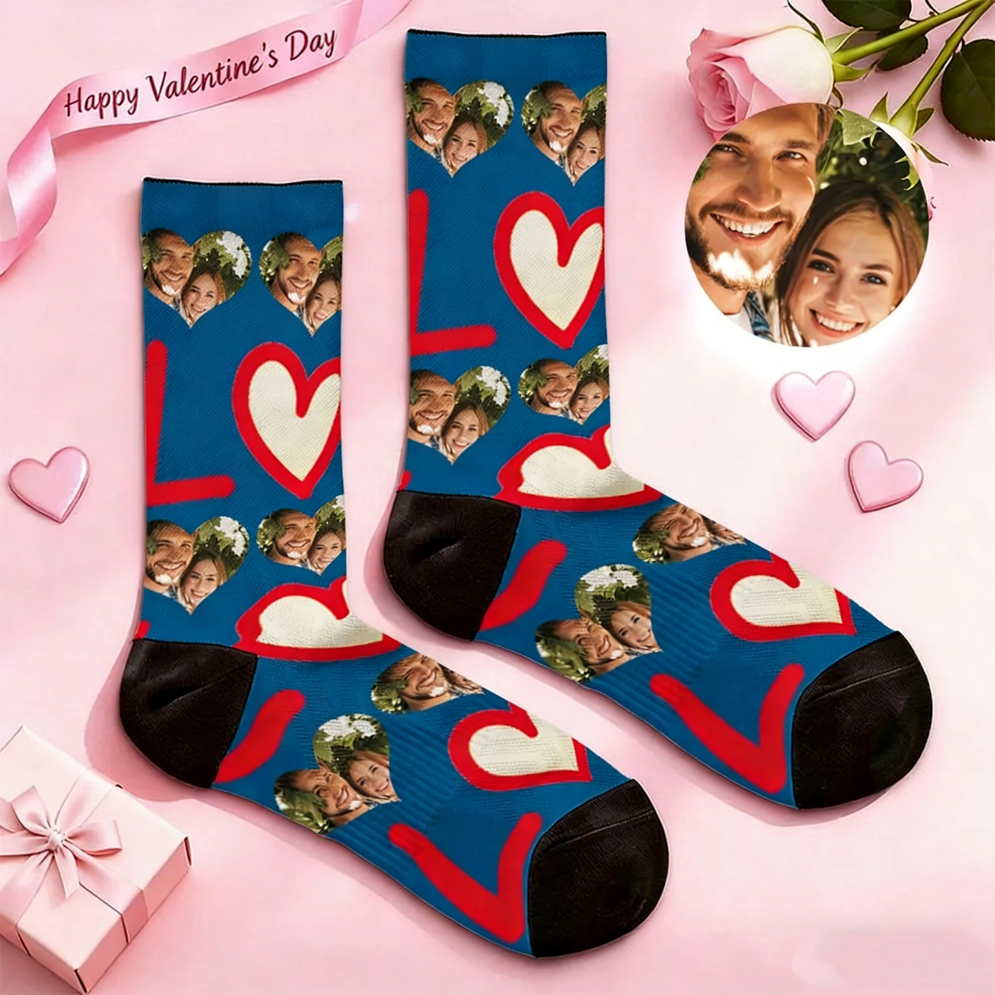 Custom Red Heart Face Socks Personalized Valentine Day Socks with Photo Cute Heart Pattern Couple Gift Idea - MyPhotoSocksAu