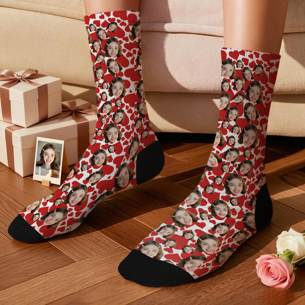 Personalized Face Red Heart Socks Personalized Funny Vlaentine Face Socks Gift - MyPhotoSocksAu