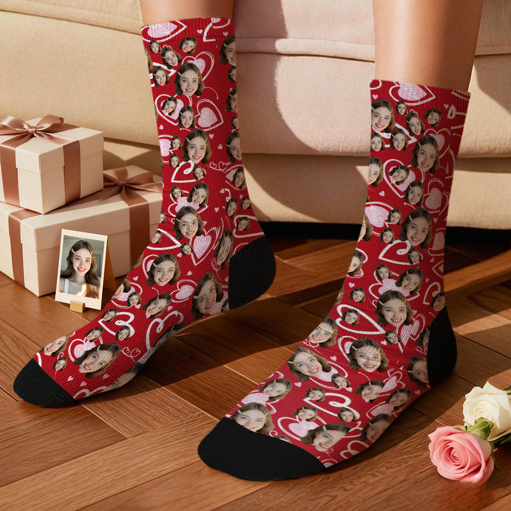 Personalized Face Red Heart Socks Personalized Funny Vlaentine Face Socks Gift - MyPhotoSocksAu