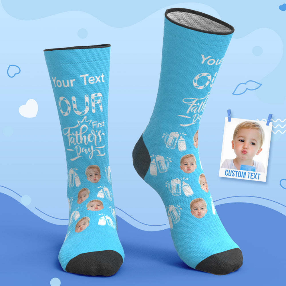 Custom Breathable Face Socks Wine Glass Bottle Socks Our First Father's Day Gifts - My Photo Socks AU