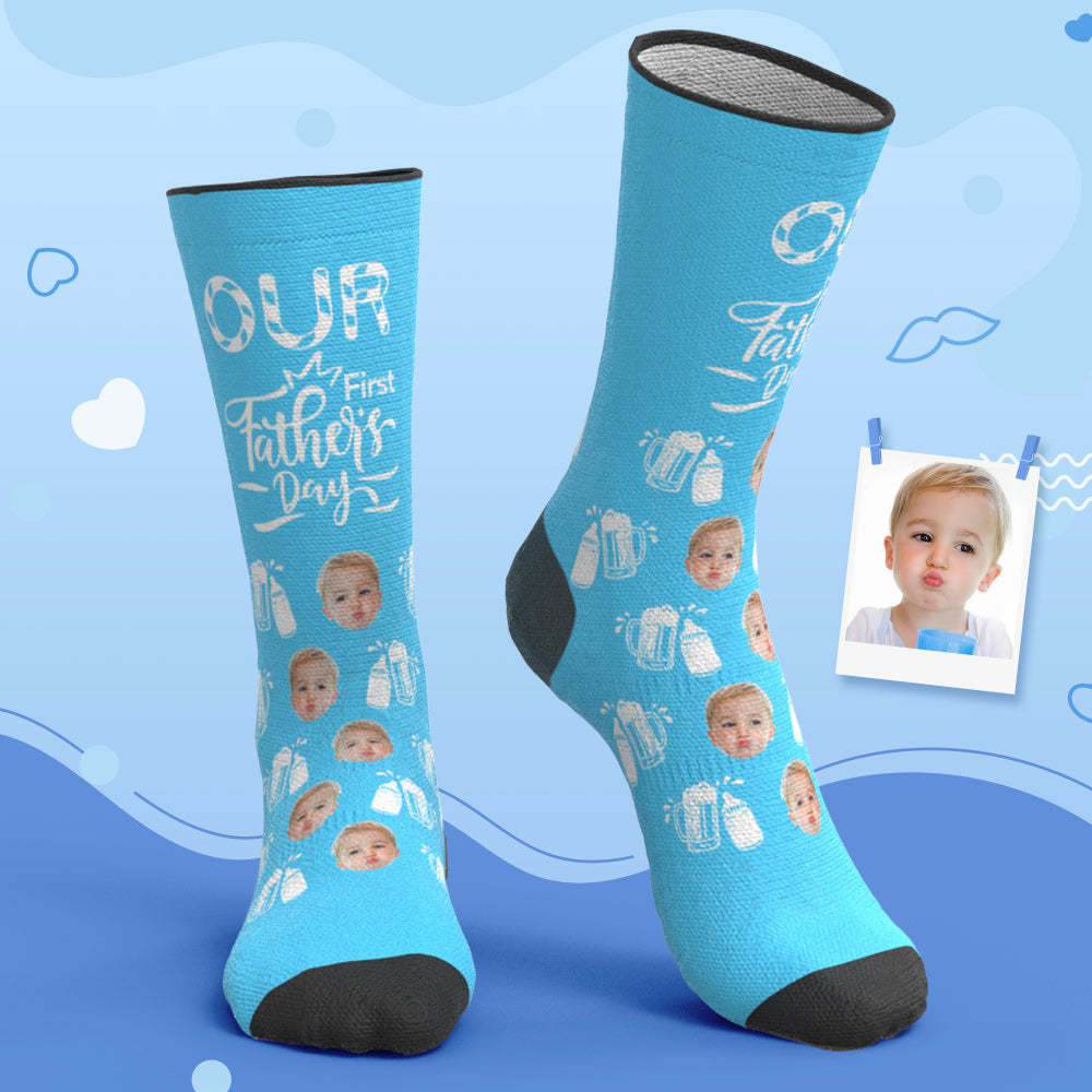 Custom Breathable Face Socks Wine Glass Bottle Socks Our First Father's Day Gifts - My Photo Socks AU