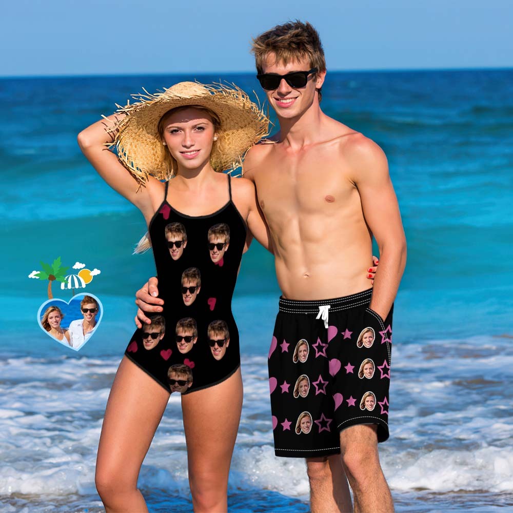 Custom Face Matching Couples Swimsuits Heart Couples Swimwear Gift for Lovers - My Photo Socks AU