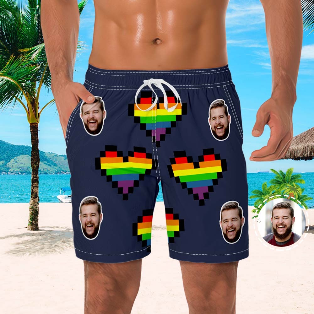 Custom Face Matching Couples Swimsuits Rainbow Heart Rainbow Couples Swimwear Gift for Lover - My Photo Socks AU