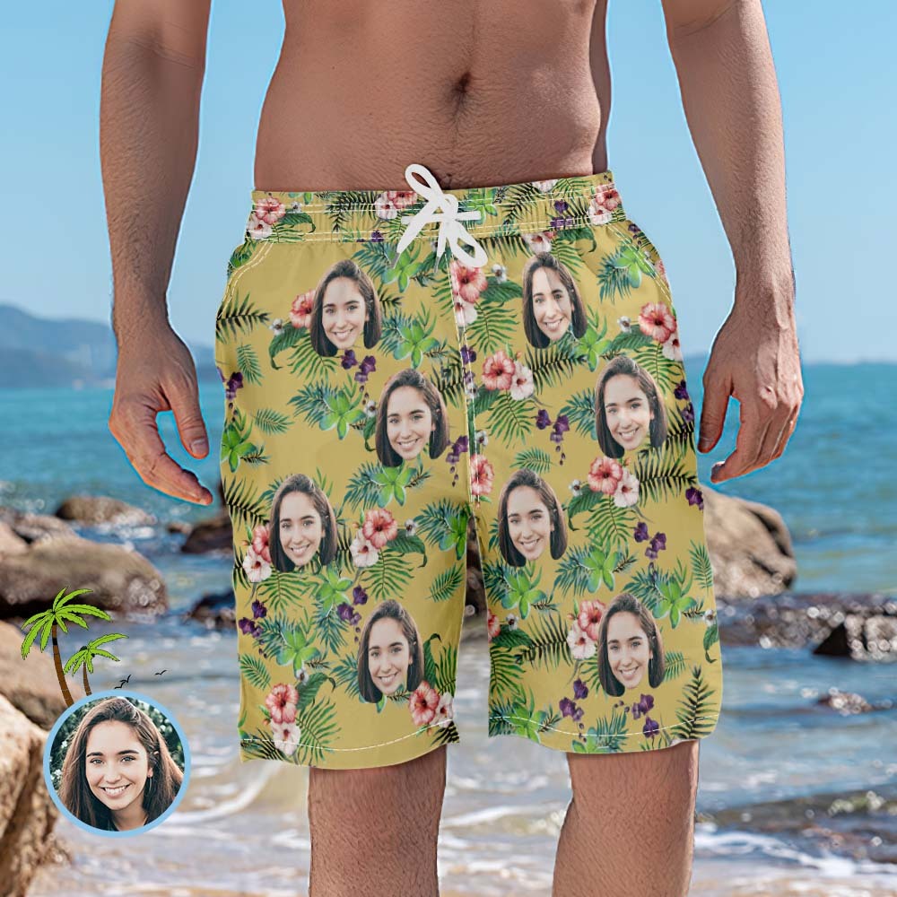 Custom Face Couple Matching Outfits Flowers Green Beach Wear Set - My Photo Socks AU