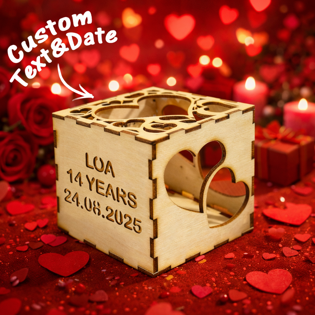 Valentine's Day Personalized Wooden Projection Night Light Cube – Custom Name, Age & Date | Heart Shadow Memory Lamp Gift for Anniversaries - MyPhotoSocksAu