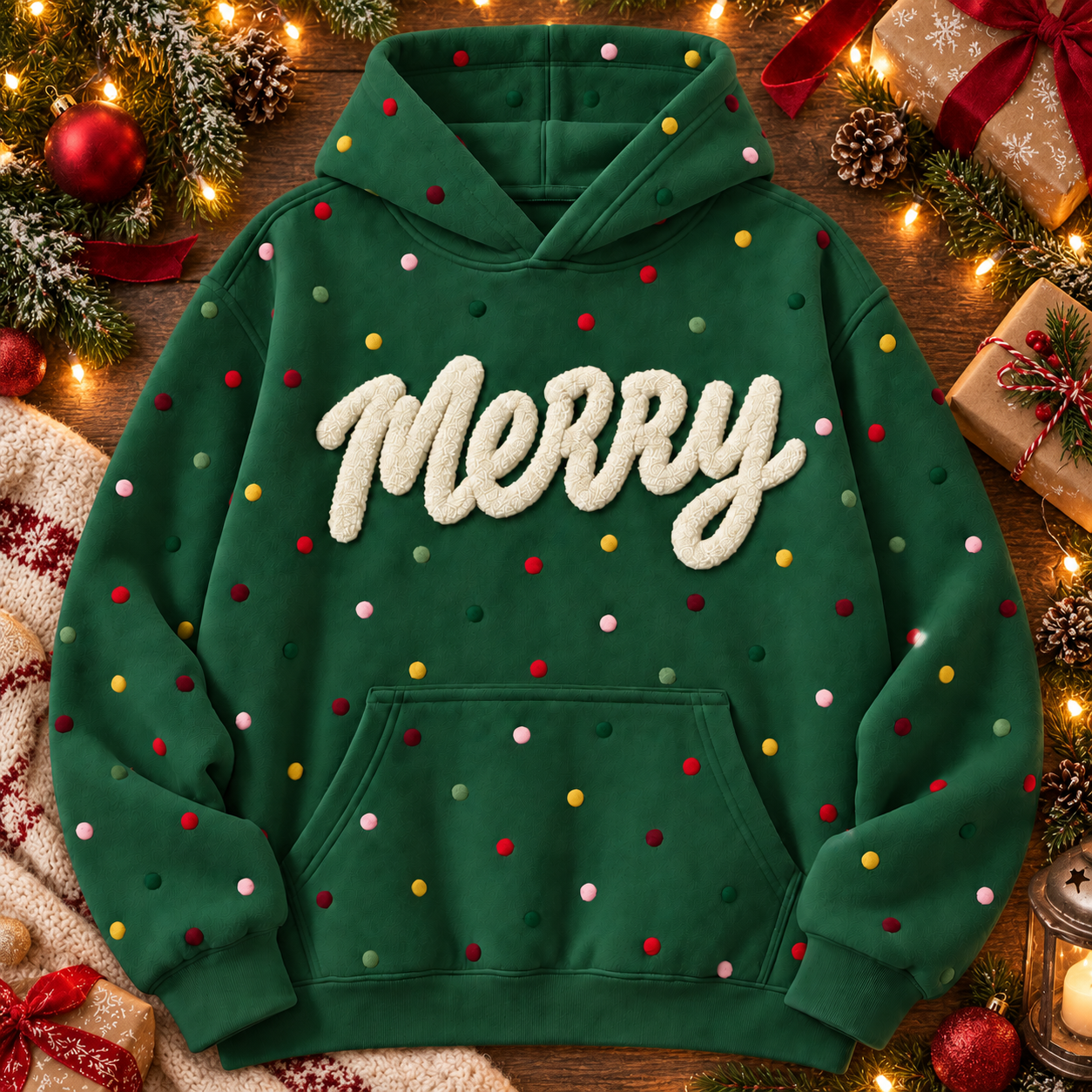 Personalized Christmas Polka Dot Hoodie – Custom Chenille Text Holiday Sweatshirt - MyPhotoSocksAu