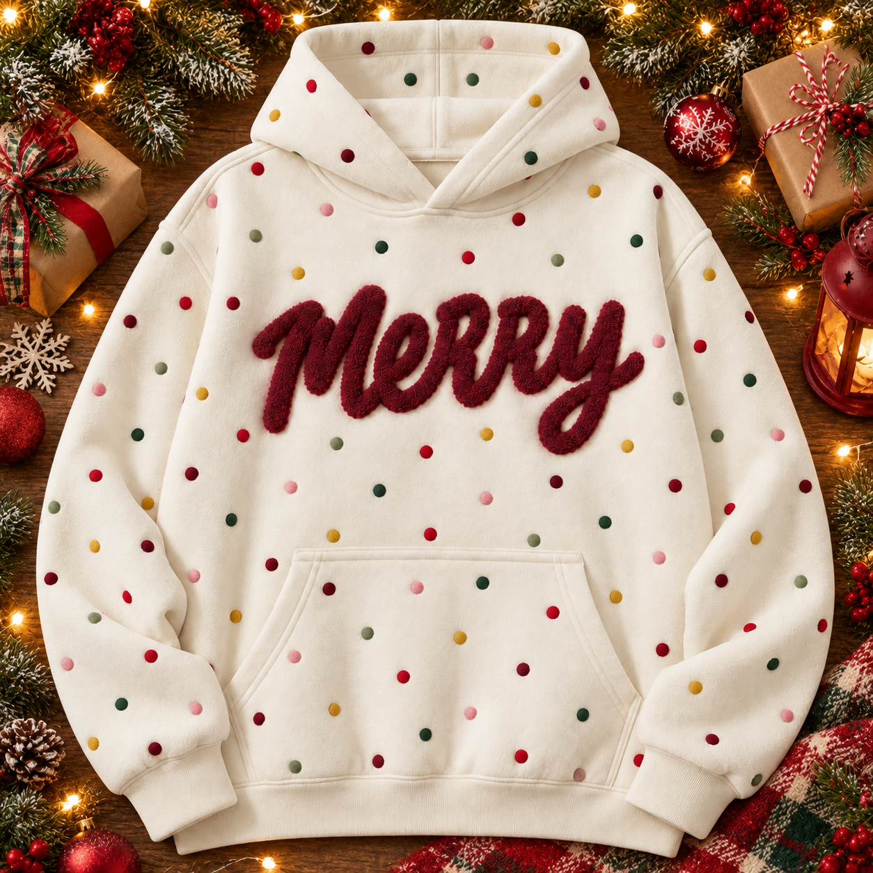 Personalized Christmas Polka Dot Hoodie – Custom Chenille Text Holiday Sweatshirt - MyPhotoSocksAu