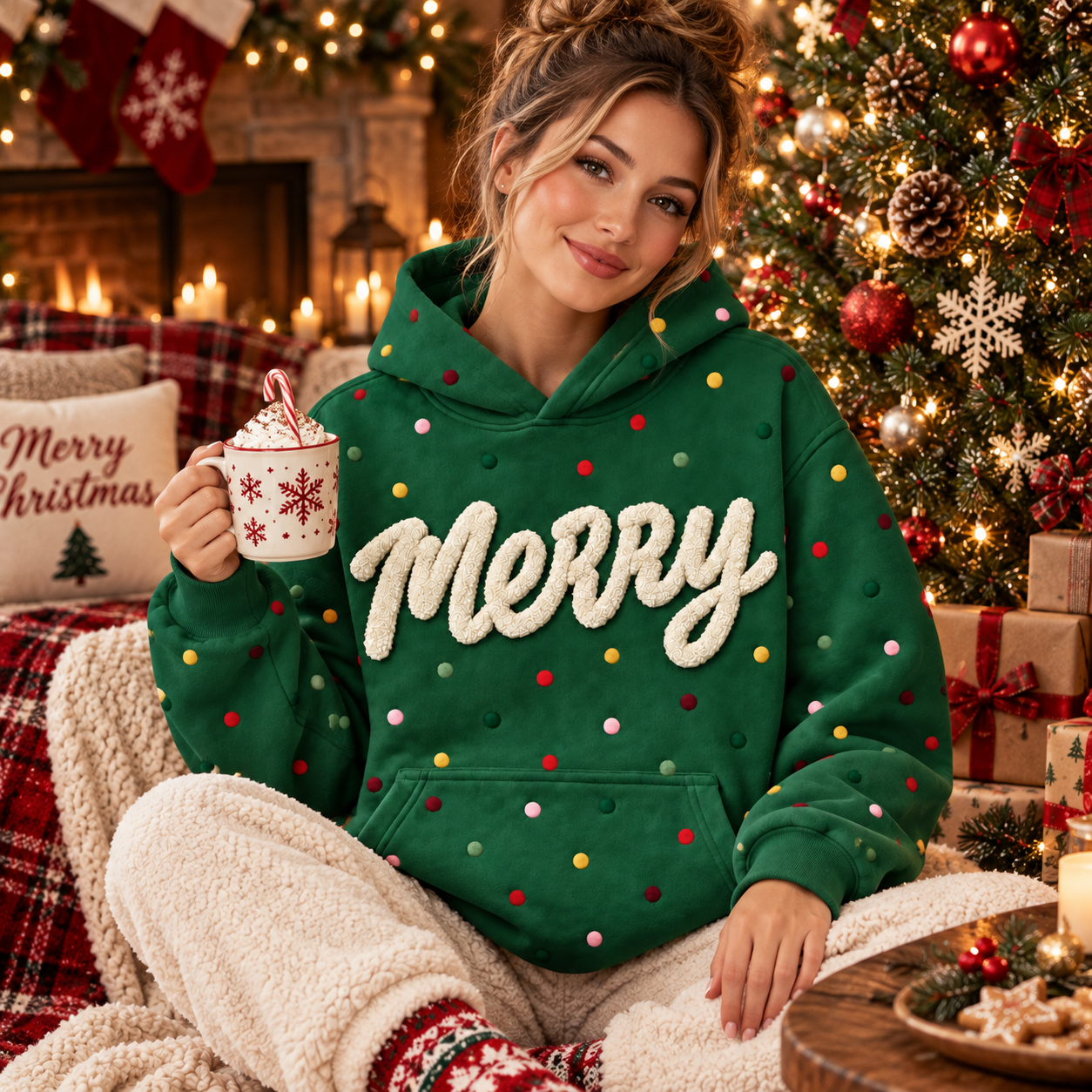 Personalized Christmas Polka Dot Hoodie – Custom Chenille Text Holiday Sweatshirt - MyPhotoSocksAu