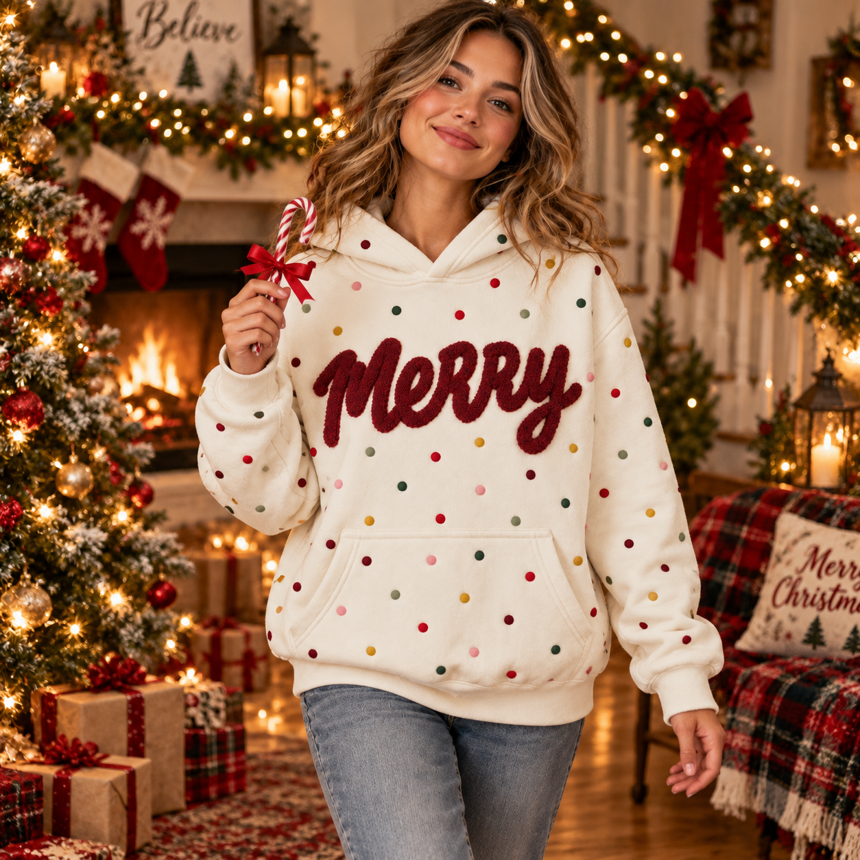 Personalized Christmas Polka Dot Hoodie – Custom Chenille Text Holiday Sweatshirt - MyPhotoSocksAu