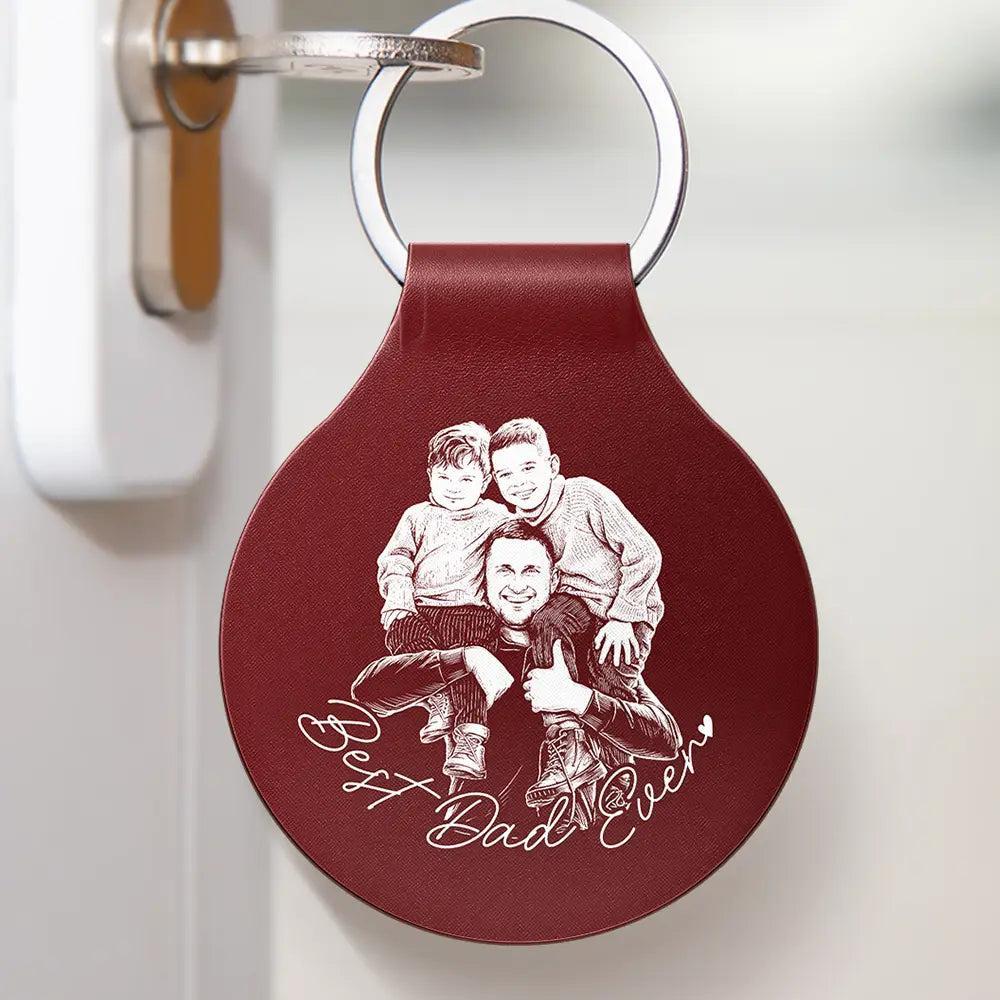 Custom Photo Pencil Sketch Best Dad Ever - Personalized Custom Shaped Leather Keychain - MyPhotoSocksAu