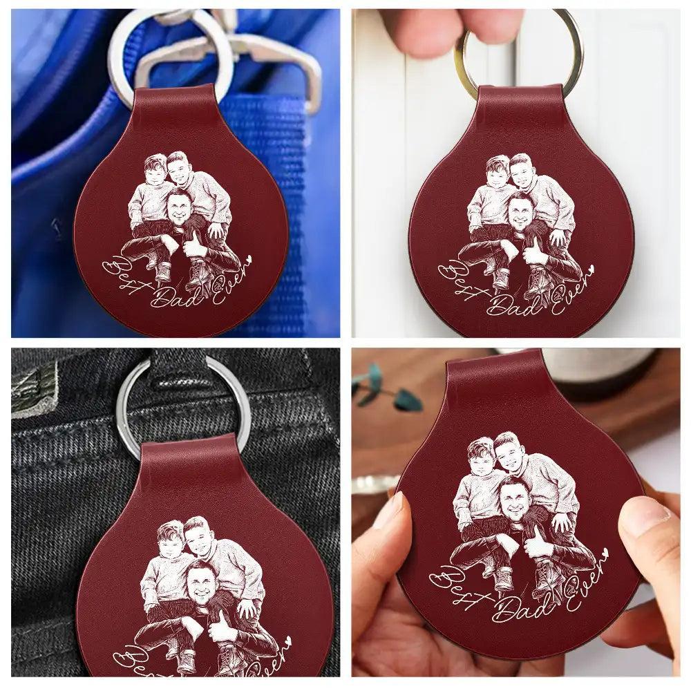 Custom Photo Pencil Sketch Best Dad Ever - Personalized Custom Shaped Leather Keychain - MyPhotoSocksAu