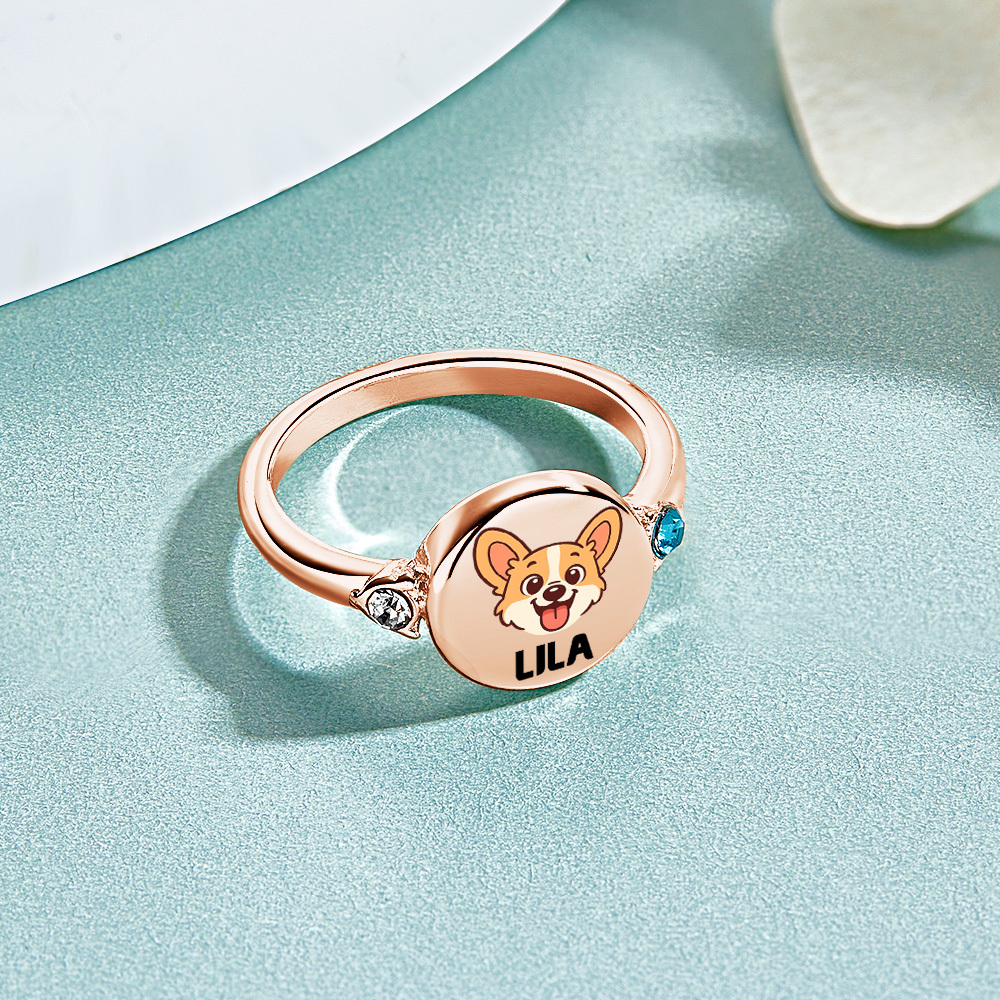 Custom Dog or Cat Ring with Birthstone, Custom Pet Portrait Photo Ring, Dog Cat Memorial Jewelry Gift For Pet Lover, Pet Remembrance, Gift for Her - MyPhotoSocksAu
