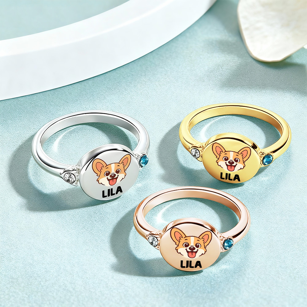 Custom Dog or Cat Ring with Birthstone, Custom Pet Portrait Photo Ring, Dog Cat Memorial Jewelry Gift For Pet Lover, Pet Remembrance, Gift for Her - MyPhotoSocksAu