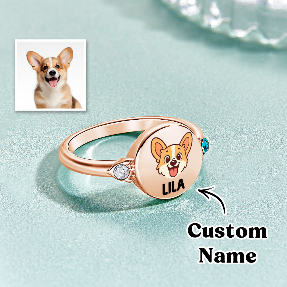 Custom Dog or Cat Ring with Birthstone, Custom Pet Portrait Photo Ring, Dog Cat Memorial Jewelry Gift For Pet Lover, Pet Remembrance, Gift for Her - MyPhotoSocksAu